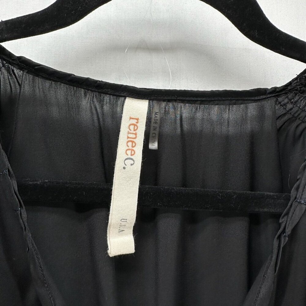Renee C. Top Womens Size M Smocked Popover Blouse Lace Trim Balloon Sleeve Black - Picture 7 of 11